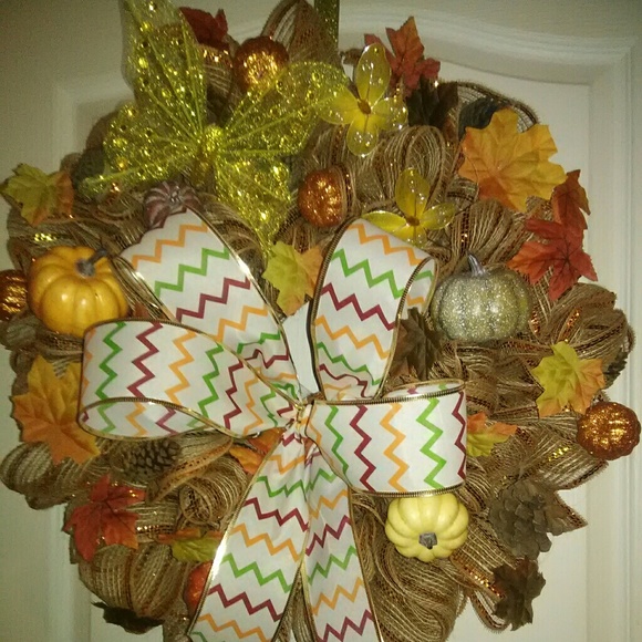Handmade Seasonal Fall Wreath w Chevron Bow - Picture 5 of 8